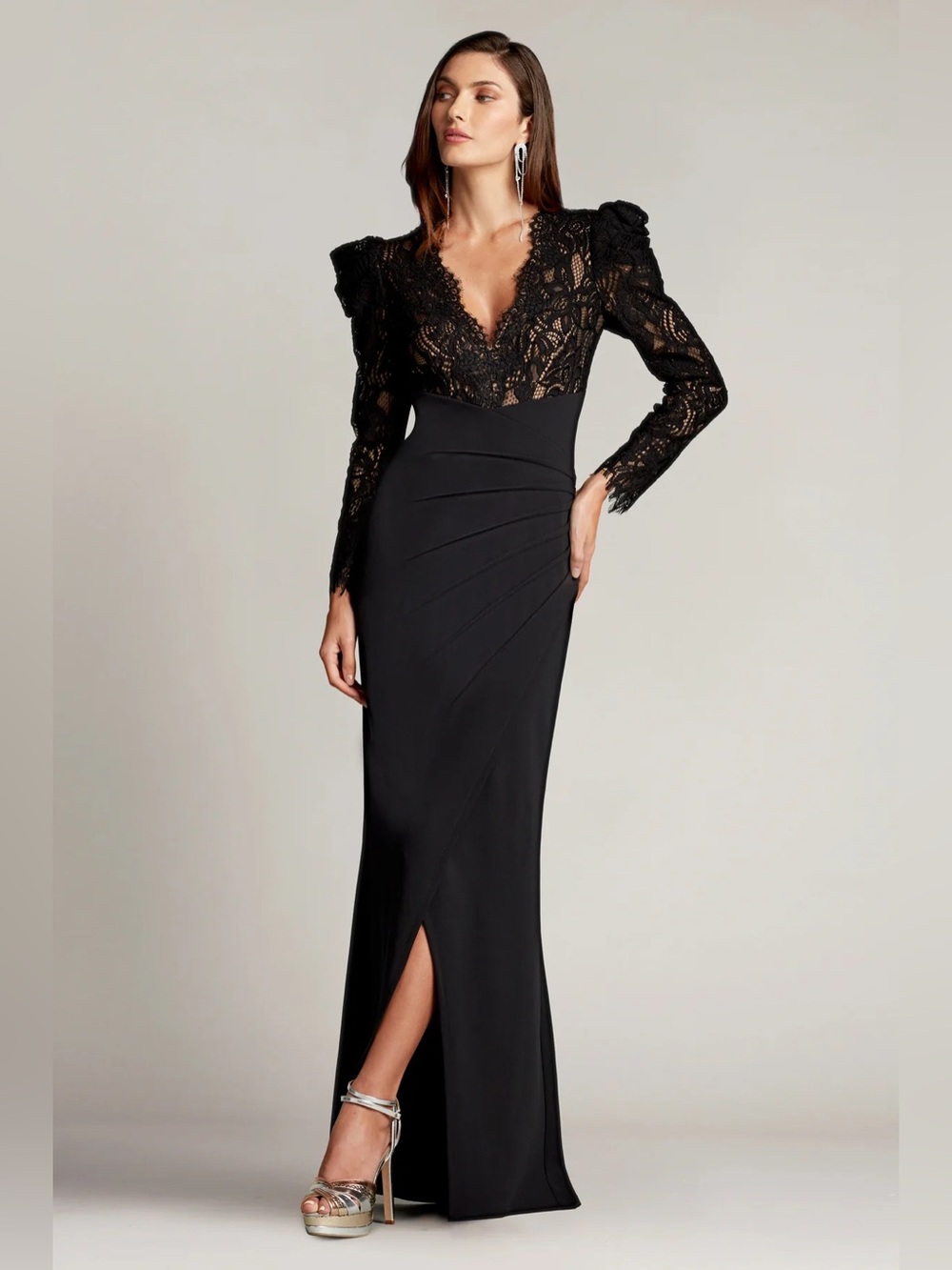 Tadashi Shoji V Neck Ruched Marshal Crepe & Lace Full Length Gown in Black